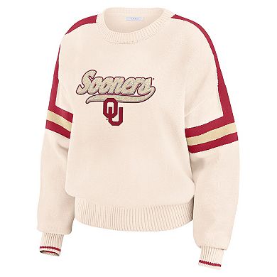 Women's WEAR by Erin Andrews Cream Oklahoma Sooners Chenille Woven Patch Stripe Pullover Sweater