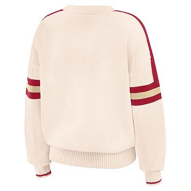 Women's WEAR by Erin Andrews Cream Oklahoma Sooners Chenille Woven Patch Stripe Pullover Sweater