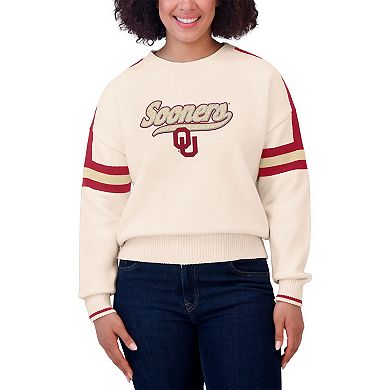 Women's WEAR by Erin Andrews Cream Oklahoma Sooners Chenille Woven Patch Stripe Pullover Sweater