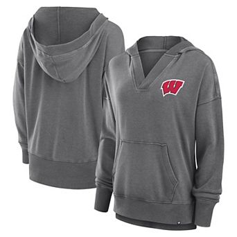 Women's Fanatics Heather Gray Wisconsin Badgers Initiative Snow Wash French Terry V-Neck Pullover Hoodie