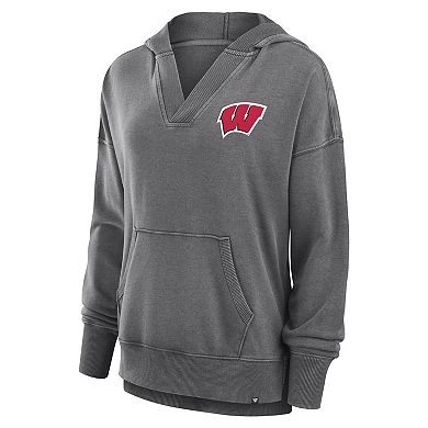 Women's Fanatics Heather Gray Wisconsin Badgers Initiative Snow Wash French Terry V-Neck Pullover Hoodie