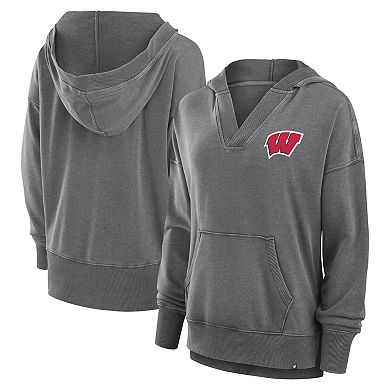 Women's Fanatics Heather Gray Wisconsin Badgers Initiative Snow Wash French Terry V-Neck Pullover Hoodie