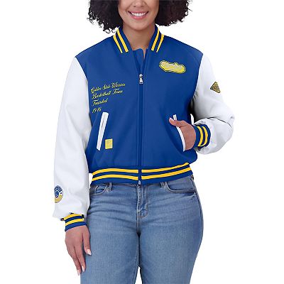 Women s WEAR by Erin Andrews Royal White Golden State Warriors Cropped Varsity Full Zip Jacket