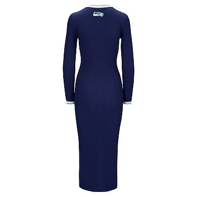 Women's STAUD College Navy Seattle Seahawks Shoko Knit Button-Up V-Neck Sweater Dress