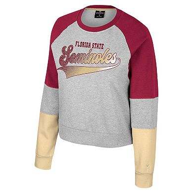 Women's Colosseum Heather Gray Florida State Seminoles Katinka Rhinestone Scoop Neck Pullover Sweatshirt