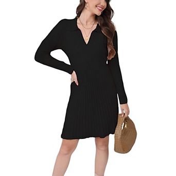 Women's Long Sleeve Mini Sweater Dress V Neck Ribbed Knit A Line Pleated Swing Short Dresses