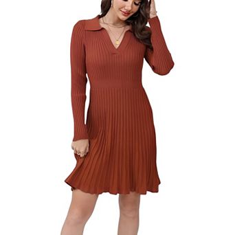 Women's Long Sleeve Mini Sweater Dress V Neck Ribbed Knit A Line Pleated Swing Short Dresses