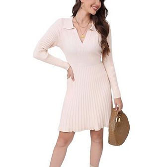 Women's Long Sleeve Mini Sweater Dress V Neck Ribbed Knit A Line Pleated Swing Short Dresses