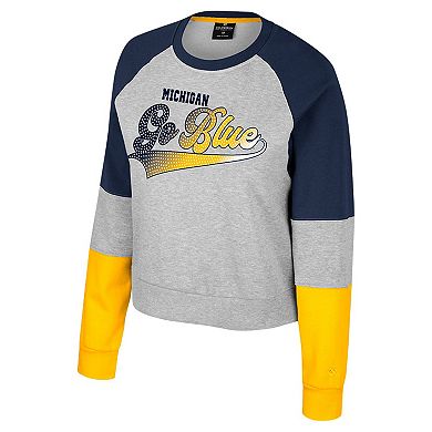 Girls Youth Colosseum Heather Gray Michigan Wolverines Katinka Rhinestone Pullover Sweatshirt