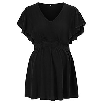 Maternity Shirts Women's V Neck Floral Maternity Tops Smocked Ruffle Hem Tunic Blouse For Women