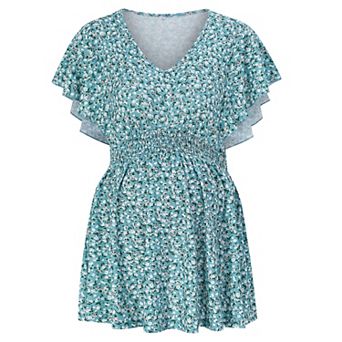 Maternity Shirts Women's V Neck Floral Maternity Tops Smocked Ruffle Hem Tunic Blouse For Women