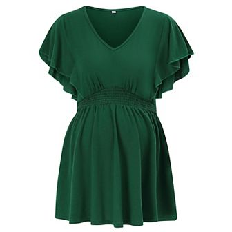 Maternity Shirts Women's V Neck Floral Maternity Tops Smocked Ruffle Hem Tunic Blouse For Women