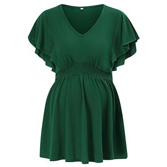 Maternity Shirts Women's V Neck Floral Maternity Tops Smocked Ruffle Hem Tunic Blouse For Women