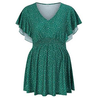 Maternity Shirts Women's V Neck Floral Maternity Tops Smocked Ruffle Hem Tunic Blouse For Women