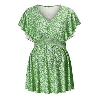 Maternity Shirts Women's V Neck Floral Maternity Tops Smocked Ruffle Hem Tunic Blouse For Women