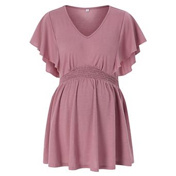 Maternity Shirts Women's V Neck Floral Maternity Tops Smocked Ruffle Hem Tunic Blouse For Women