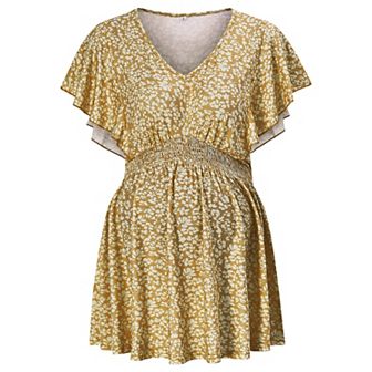 Maternity Shirts Women's V Neck Floral Maternity Tops Smocked Ruffle Hem Tunic Blouse For Women
