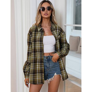 Women's Button Down Flannel Shirts Plaid Shacket Long Sleeve Collared Business Tops Work Blouses