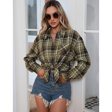 Women's Button Down Flannel Shirts Plaid Shacket Long Sleeve Collared Business Tops Work Blouses