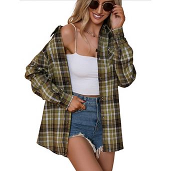 Women's Button Down Flannel Shirts Plaid Shacket Long Sleeve Collared Business Tops Work Blouses