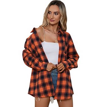 Women's Button Down Flannel Shirts Plaid Shacket Long Sleeve Collared Business Tops Work Blouses