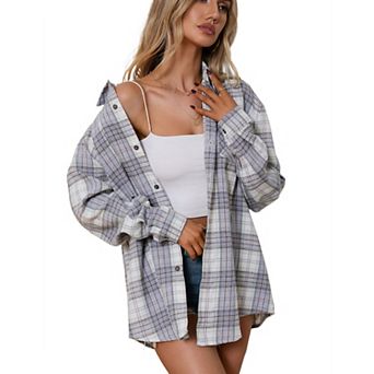 Women's Button Down Flannel Shirts Plaid Shacket Long Sleeve Collared Business Tops Work Blouses