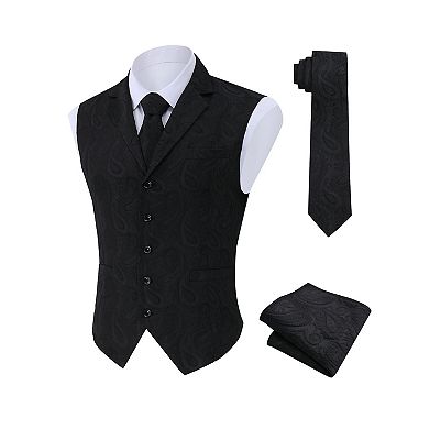 Men's Paisley Suit Vest and Tie Set Classic Floral Necktie Pocket Square Gothic Waistcoat for Tuxedo