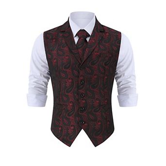 Men's Paisley Suit Vest and Tie Set Classic Floral Necktie Pocket Square Gothic Waistcoat for Tuxedo