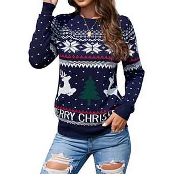 Women's Long Sleeve Ugly Christmas Sweater Reindeer Knit Pullover Tops