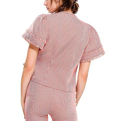 Women's Frige Trim Gingham Wrap Blouse