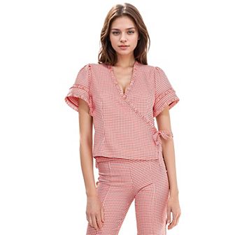 Women's Fringe Trim Gingham Wrap Blouse