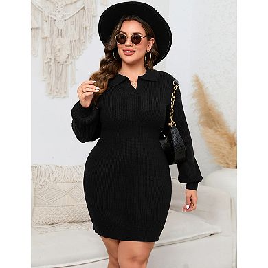 Women Plus Size Long Sleeve Knit Stretchable Slim Sweater Bodycon Midi Pullover Sweater Dress