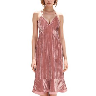 Velvet Spaghetti Strap Ruffle Hem Midi Dress