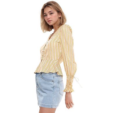Smocked Cuff Button Front Peplum Blouse
