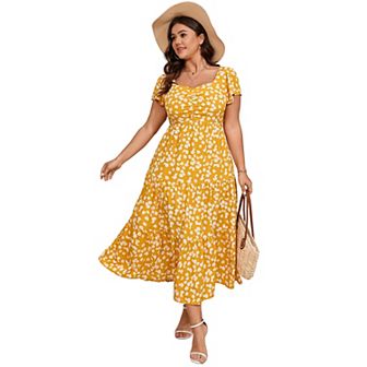 Womens Plus Size Dress Short Sleeve Maxi Dress Floral Ruffle Dress Sweetheart Neck Summer Dress