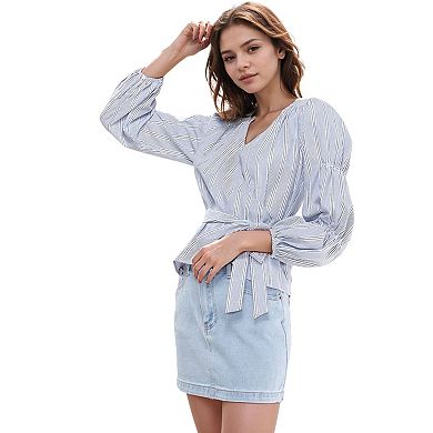 Smocked Sleeve Stripe Wrap Blouse