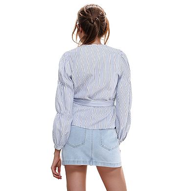 Smocked Sleeve Stripe Wrap Blouse