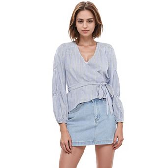 Smocked Sleeve Stripe Wrap Blouse