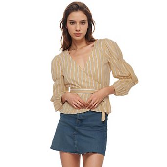 Smocked Sleeve Stripe Wrap Blouse