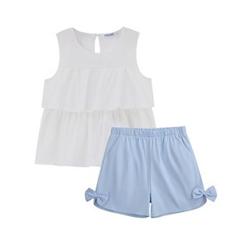 Girl's 2 pc Outfits Sleeveless Tiered Ruffle Blouse Top and Shorts Set Summer Clothing Set