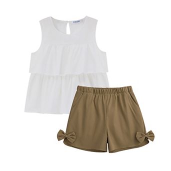 Girl's 2 pc Outfits Sleeveless Tiered Ruffle Blouse Top and Shorts Set Summer Clothing Set
