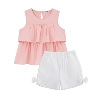 Girl's 2 pc Outfits Sleeveless Tiered Ruffle Blouse Top and Shorts Set Summer Clothing Set