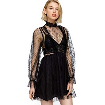 Polka Dot Mesh Smocked Neck Flare Dress