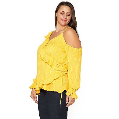 Plus Size Asymmetrical Shoulder Ruffle Blouse