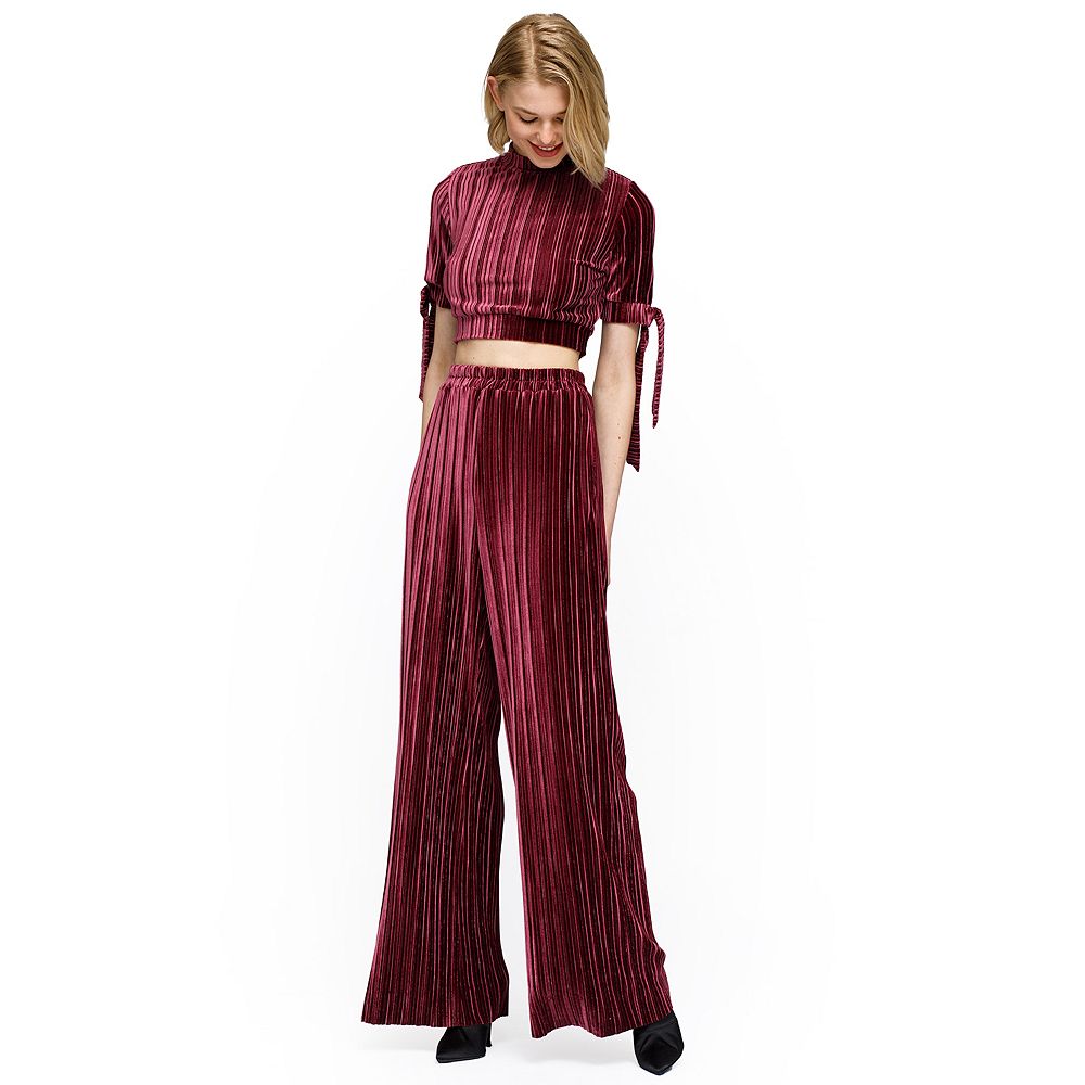 Umgee Full Size Elastic Waist Striped Wide Leg Velvet Pants