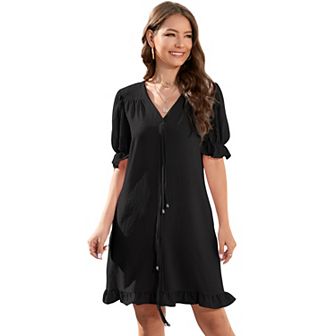 Women Summer Tunic Dress V Neck Short Sleeve Loose Flowy Swing Babydoll Shift Dresses with Pockets