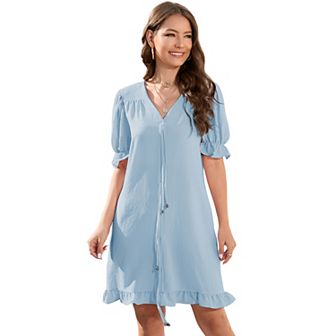 Women Summer Tunic Dress V Neck Short Sleeve Loose Flowy Swing Babydoll Shift Dresses with Pockets