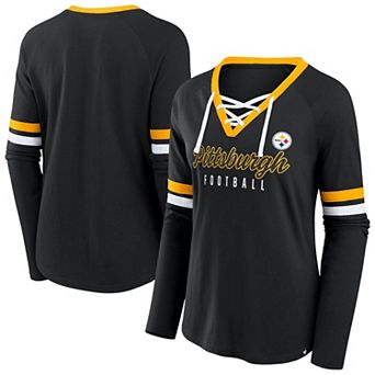 Women's Fanatics Black Pittsburgh Steelers Plus Size Lace-Up V-Neck Long Sleeve T-Shirt