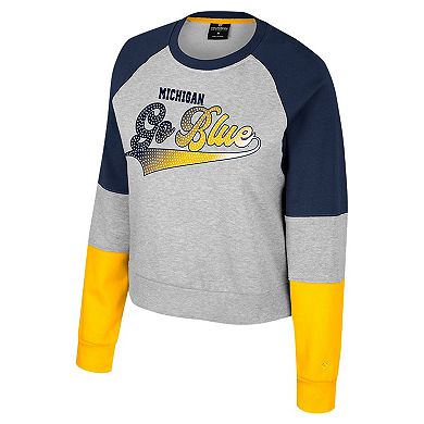 Women's Colosseum Heather Gray Michigan Wolverines Katinka Rhinestone Scoop Neck Pullover Sweatshirt