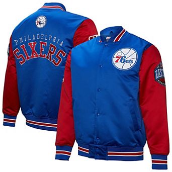 Men's Mitchell & Ness Royal Philadelphia 76ers Hardwood Classic Primetime Full-Snap Satin Jacket